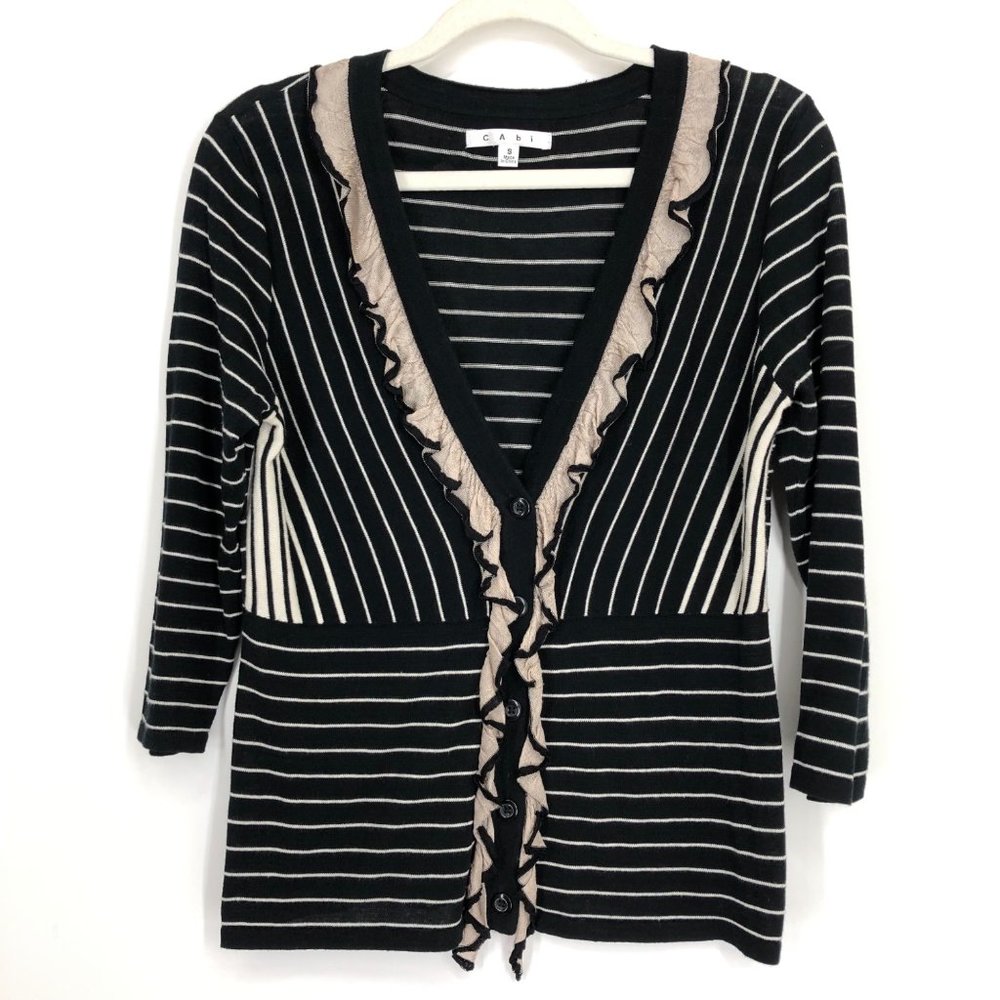 CAbi black and cream striped cardigan with ruffle